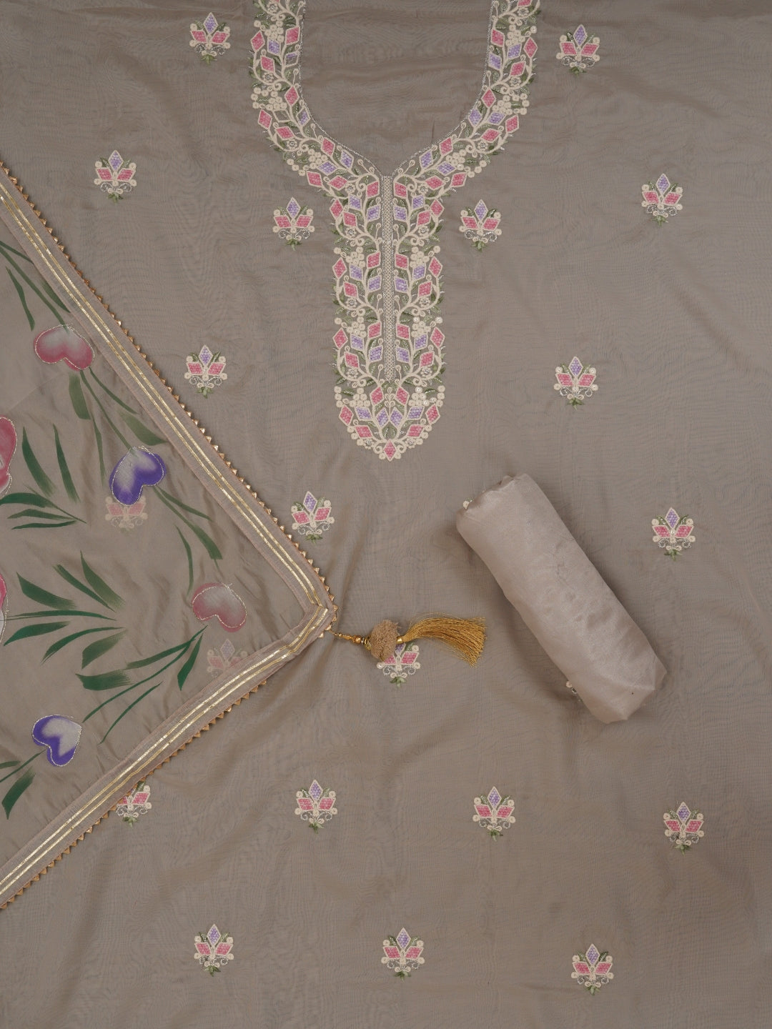 Handpainted Grey Embroidered Dress Material with Dupatta