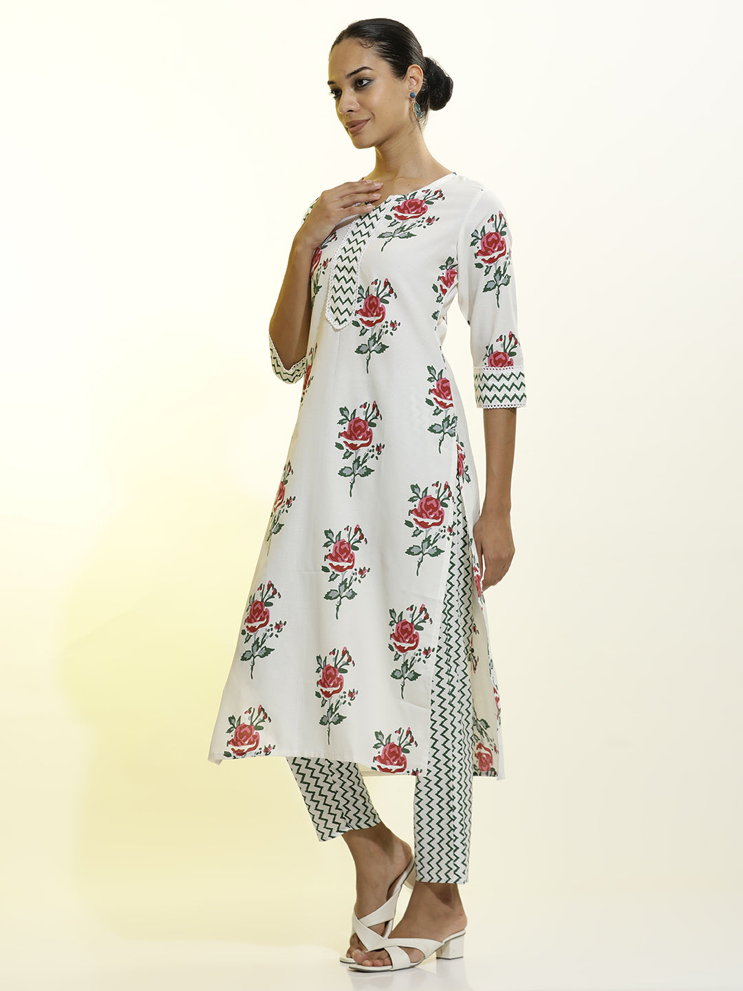 Floral Printed Cotton Straight White Kurta Set