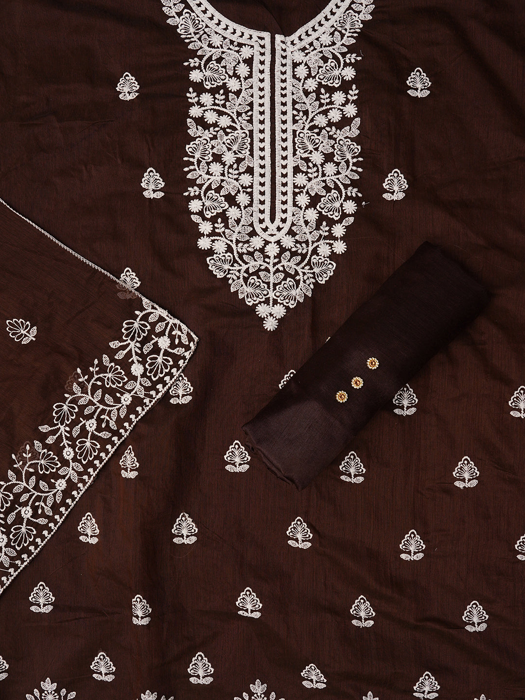 Brown Unstitched Embroidered Cotton Blend Dress Material With Dupatta