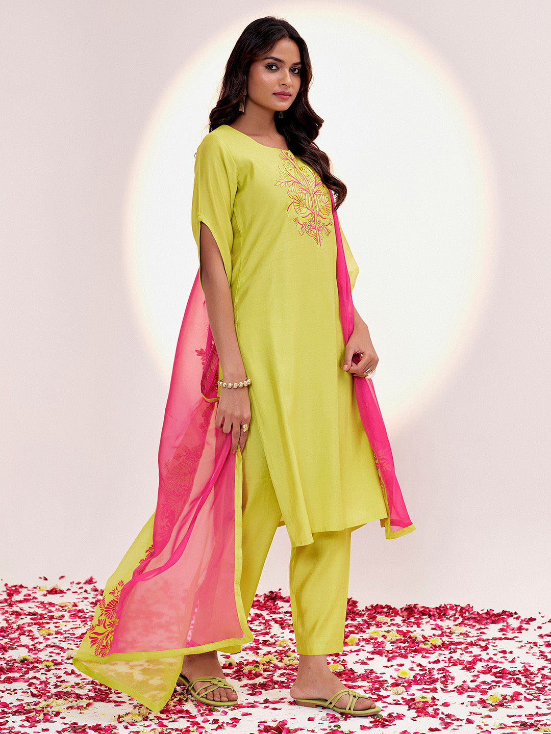 Lime Green Resham Embroidered Festive Kurta Set With Dupatta