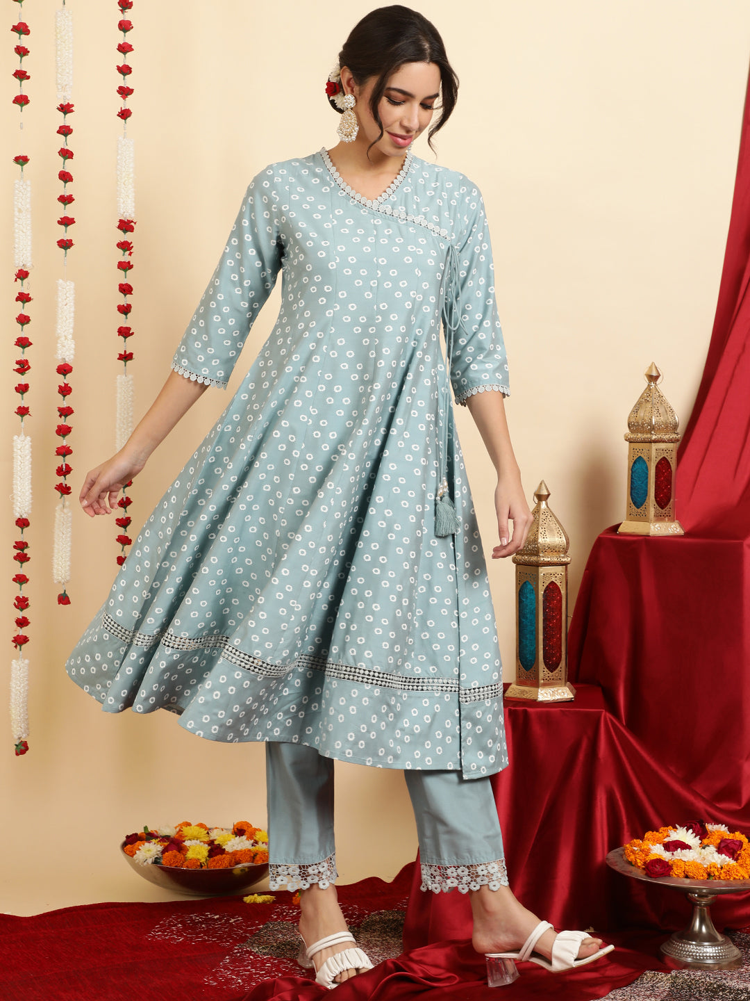 Festive Printed Anarkali Kurta Set With Handblock Dupatta