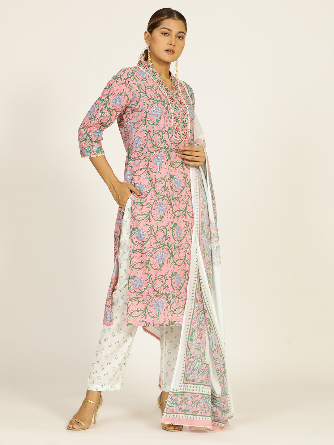 Pink Ethnic Motif Cotton Hand Embroidered Suit Set