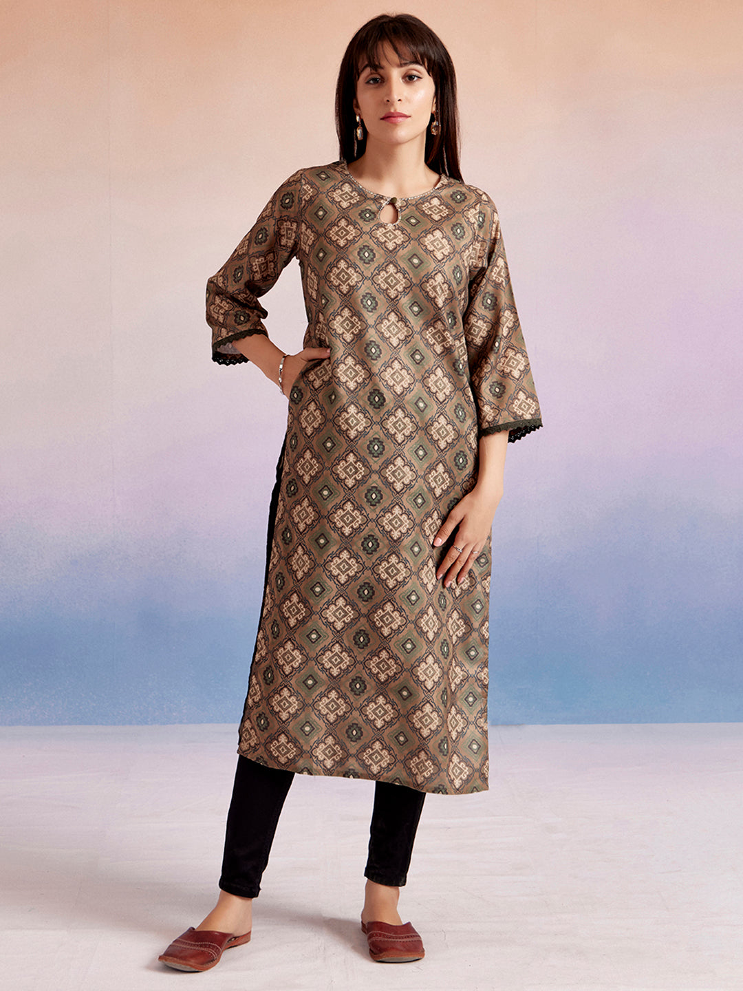 Olive Green Moroccan Printed Straight Kurta