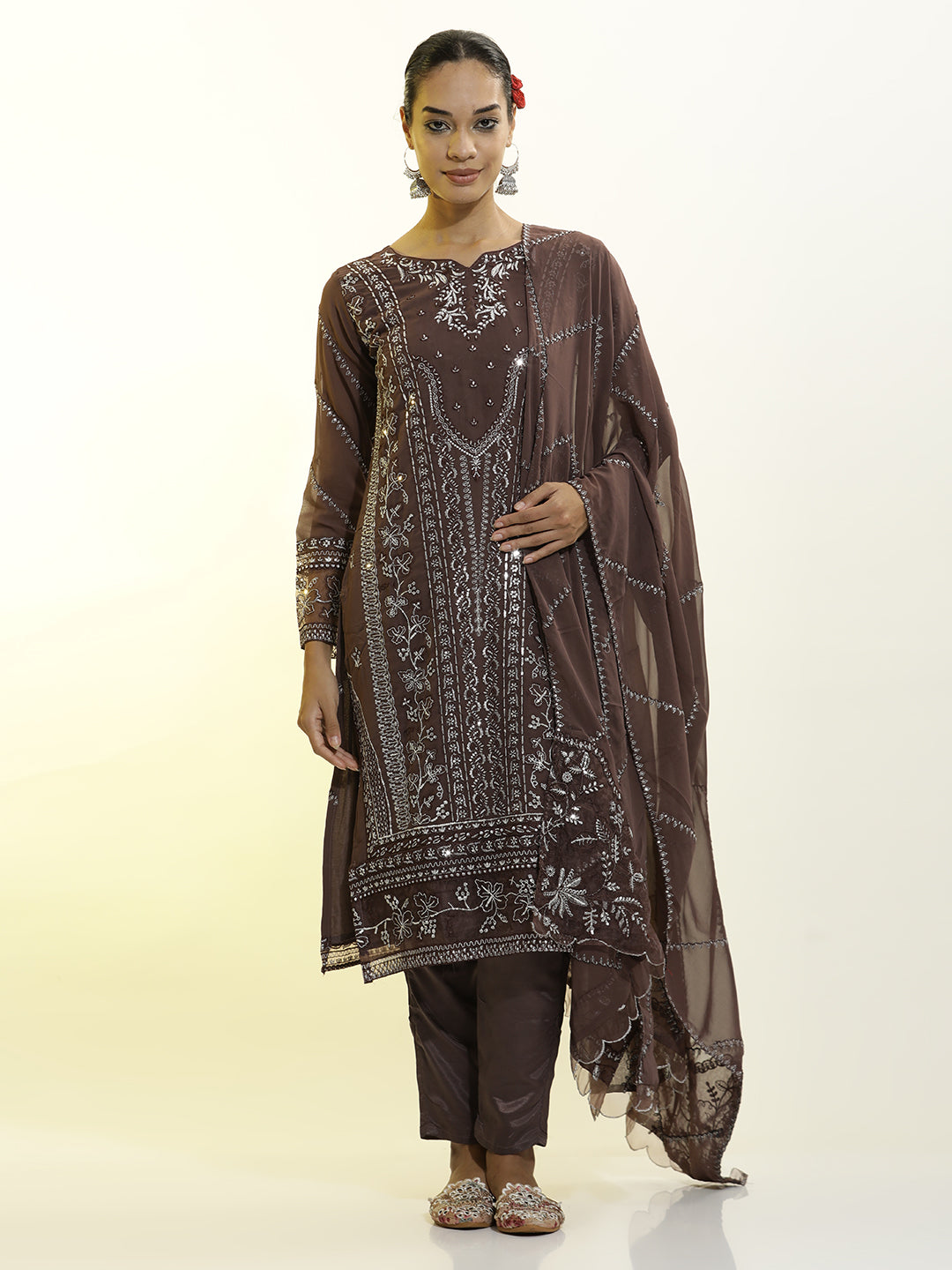 Festive Embroidered Georgette Party Wear Kurta Set With Dupatta