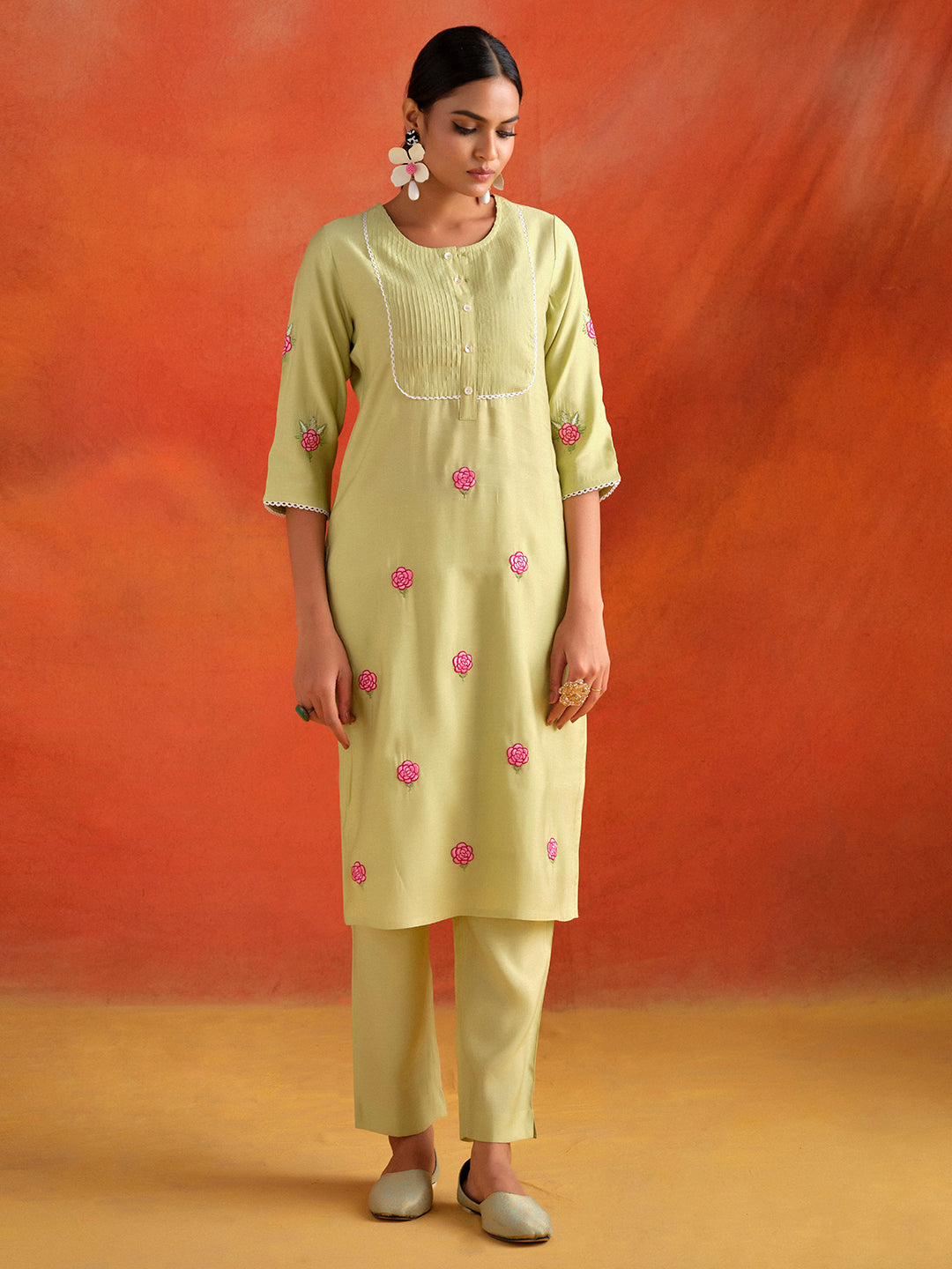 Lime Green Embroidered Viscose Chanderi Festive Kurta Set