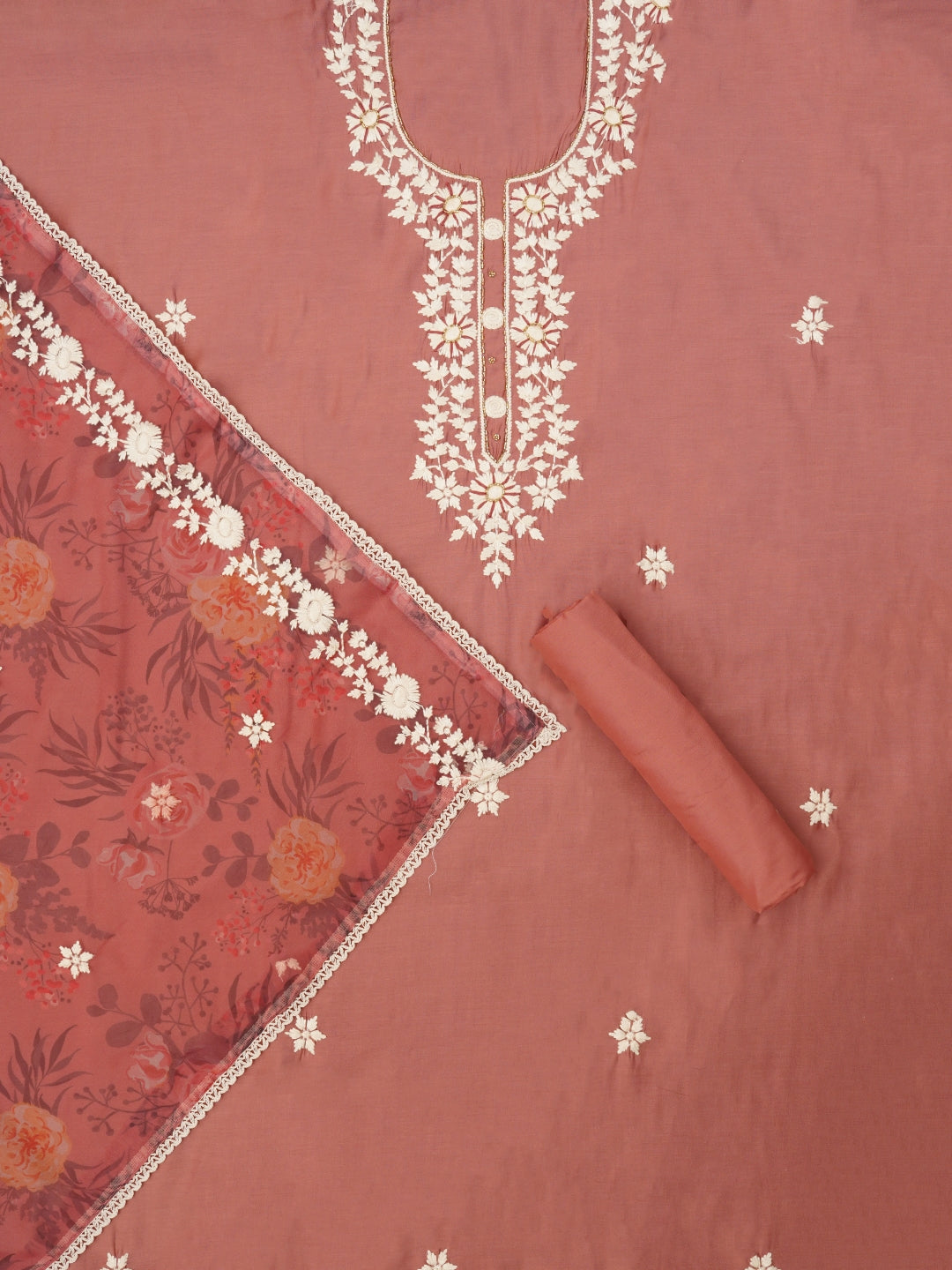 Pink Pure Silk Lucknowi Embroidered Dress Material with Dupatta