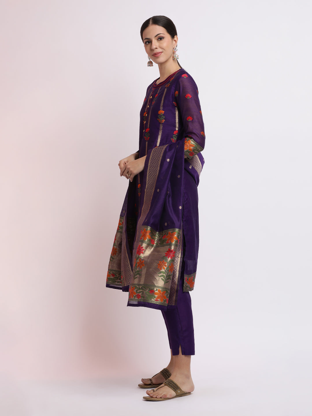 Purple Embroidered Jacquard Kurta Set With Dupatta