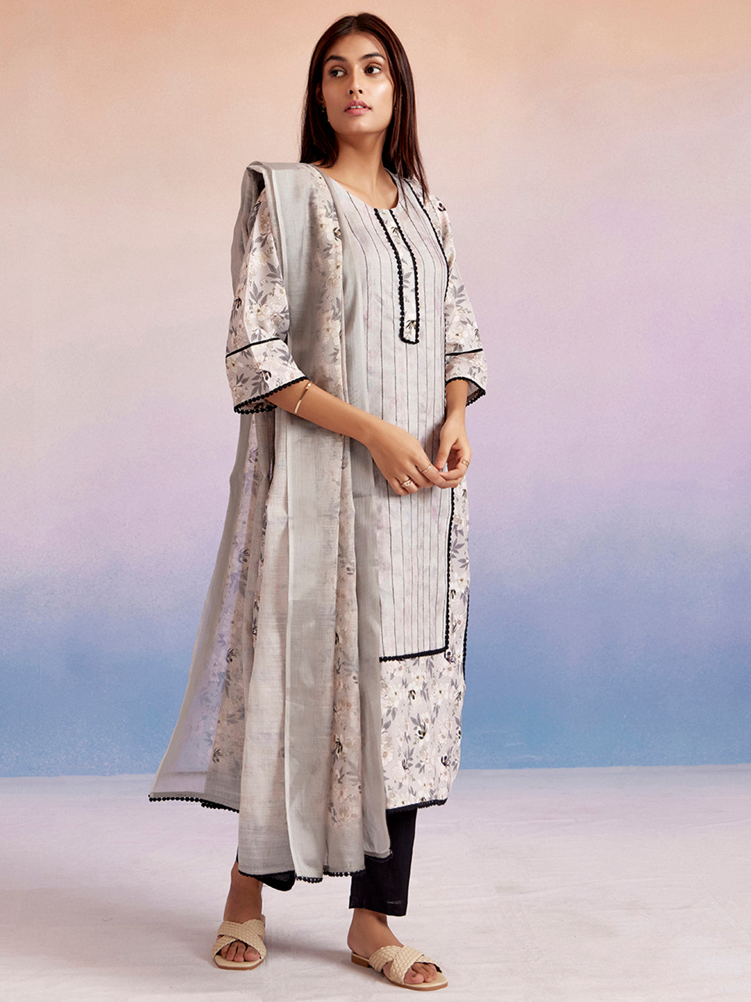 Beige Floral Printed Kurta Set With Dupatta