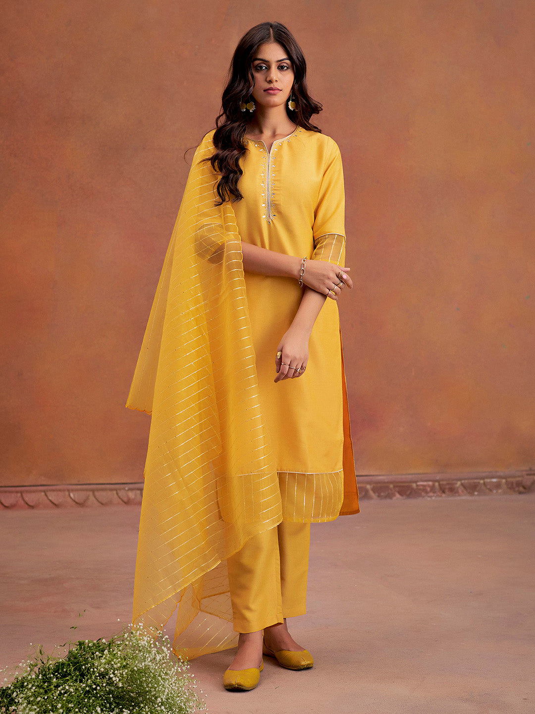 Mustard Festive Embroidered Poly Silk Kurta Set With Dupatta