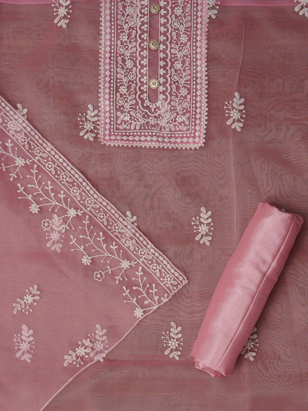 Unstitched Pink Embroidered Organza Dress Material With Dupatta