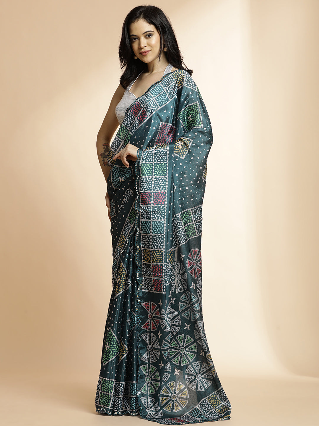 Multicolor Geometric Printed Mirror Work Satin Saree