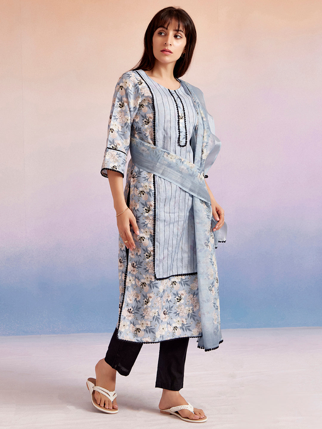 Blue Floral Printed Kurta Set With Dupatta