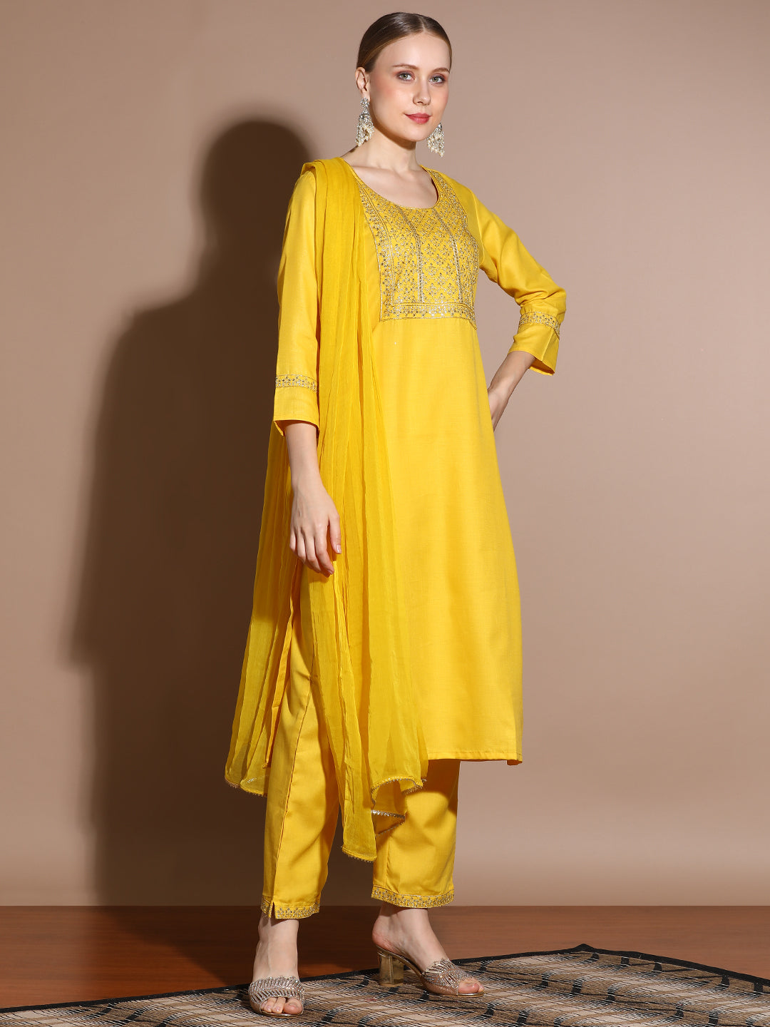 Yellow Embroidered Cotton Blend Kurta Set With Dupatta