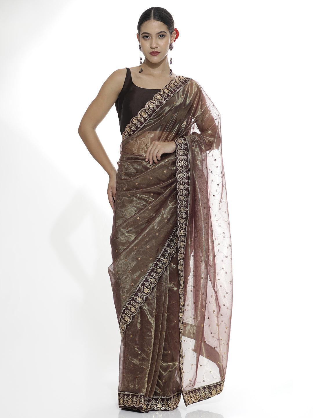 Brown Sequin Embroidered Net Party Wear Saree