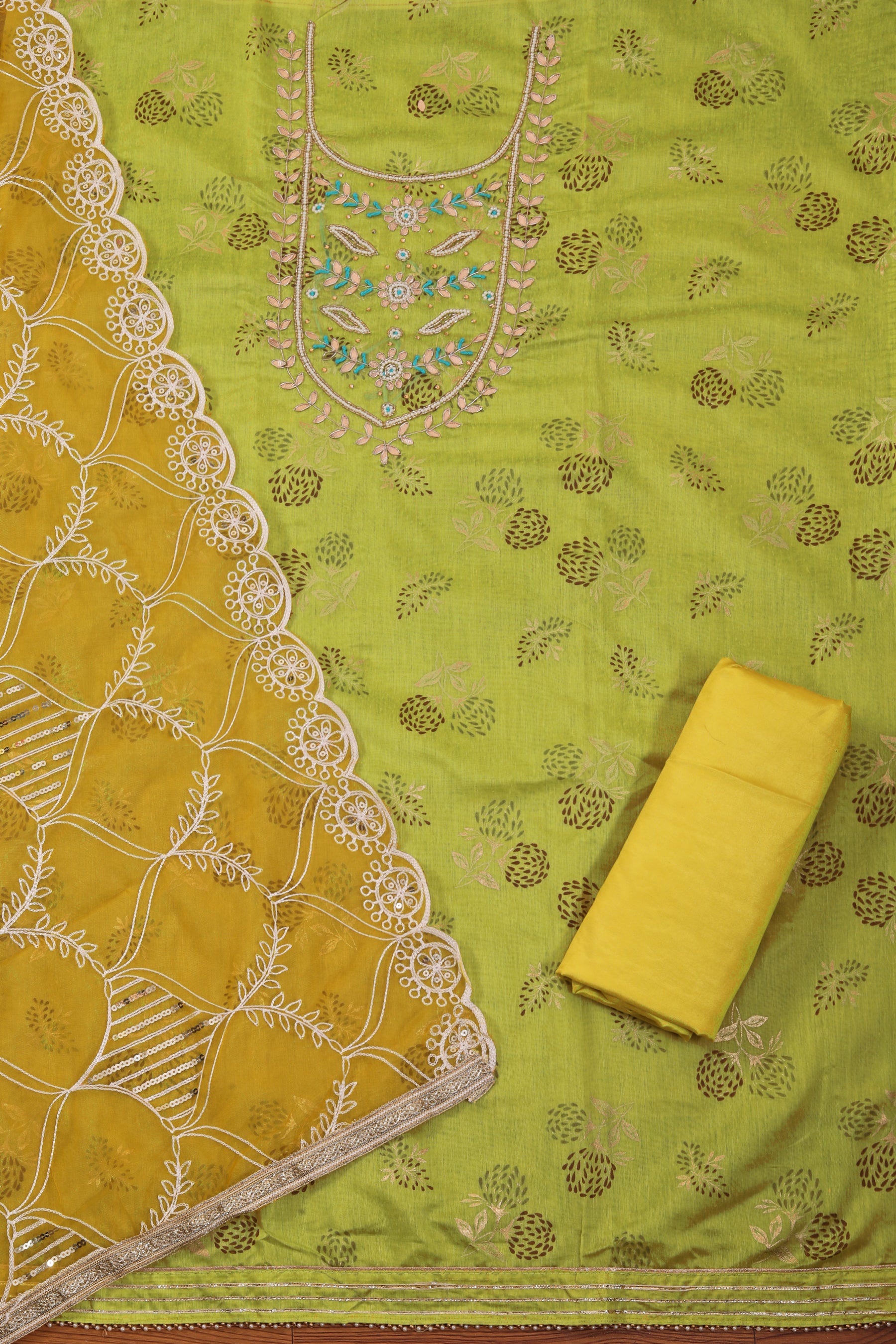 Light Green Unstitched Embellished Cotton Dress Material With Dupatta