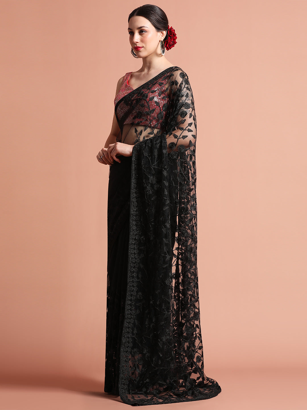 Black Party Wear Floral Embroidered Net Saree