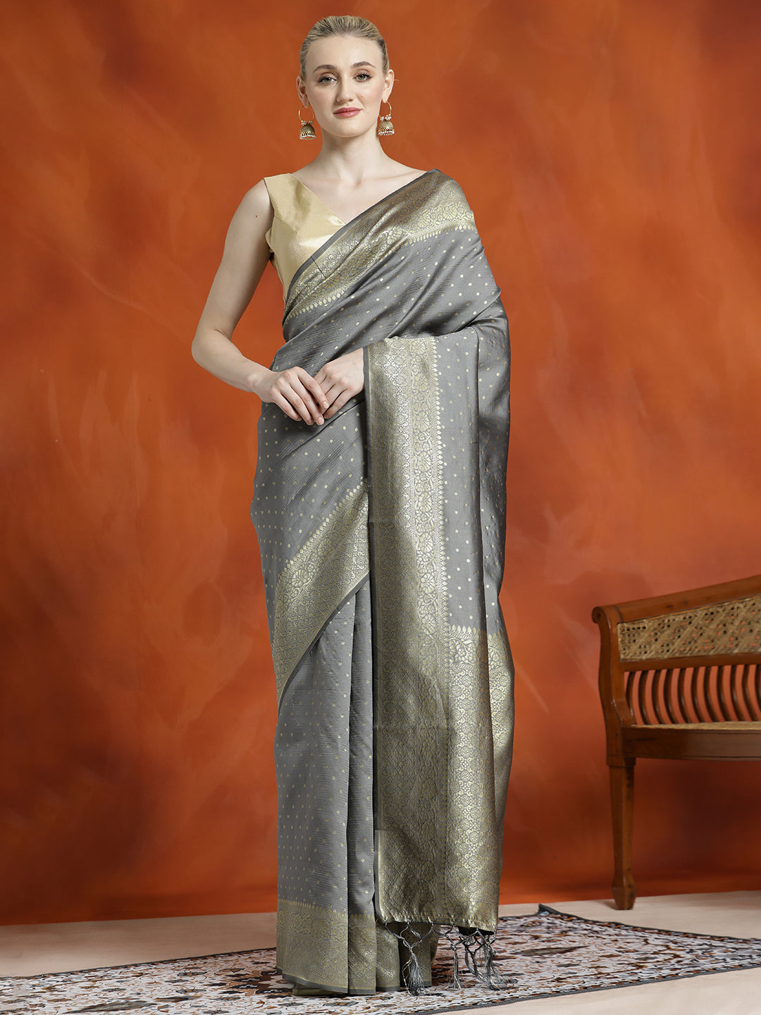 Grey Silk Banarasi Zari Woven Party Wear Saree