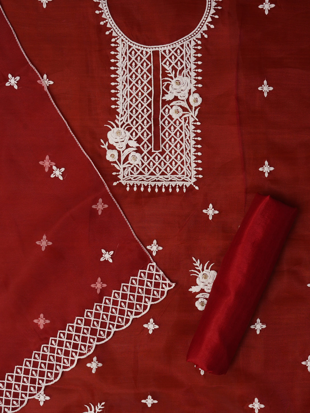 Rust Unstitched Embroidered Organza Dress Material With Dupatta