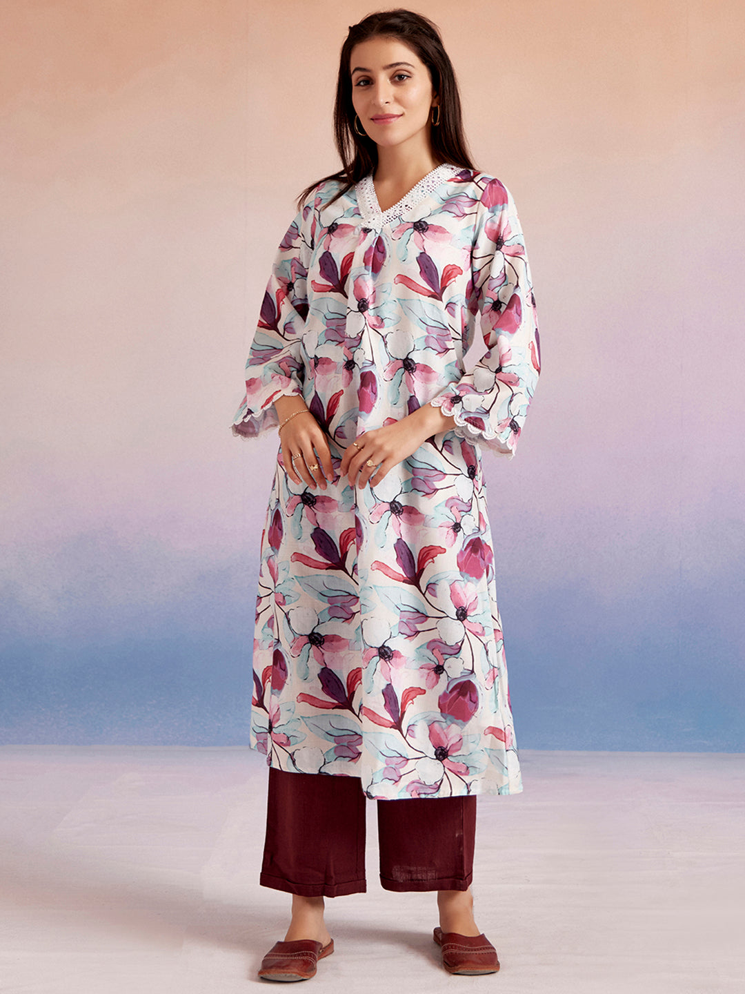 Off White & Magenta Floral Printed A-Line Kurta