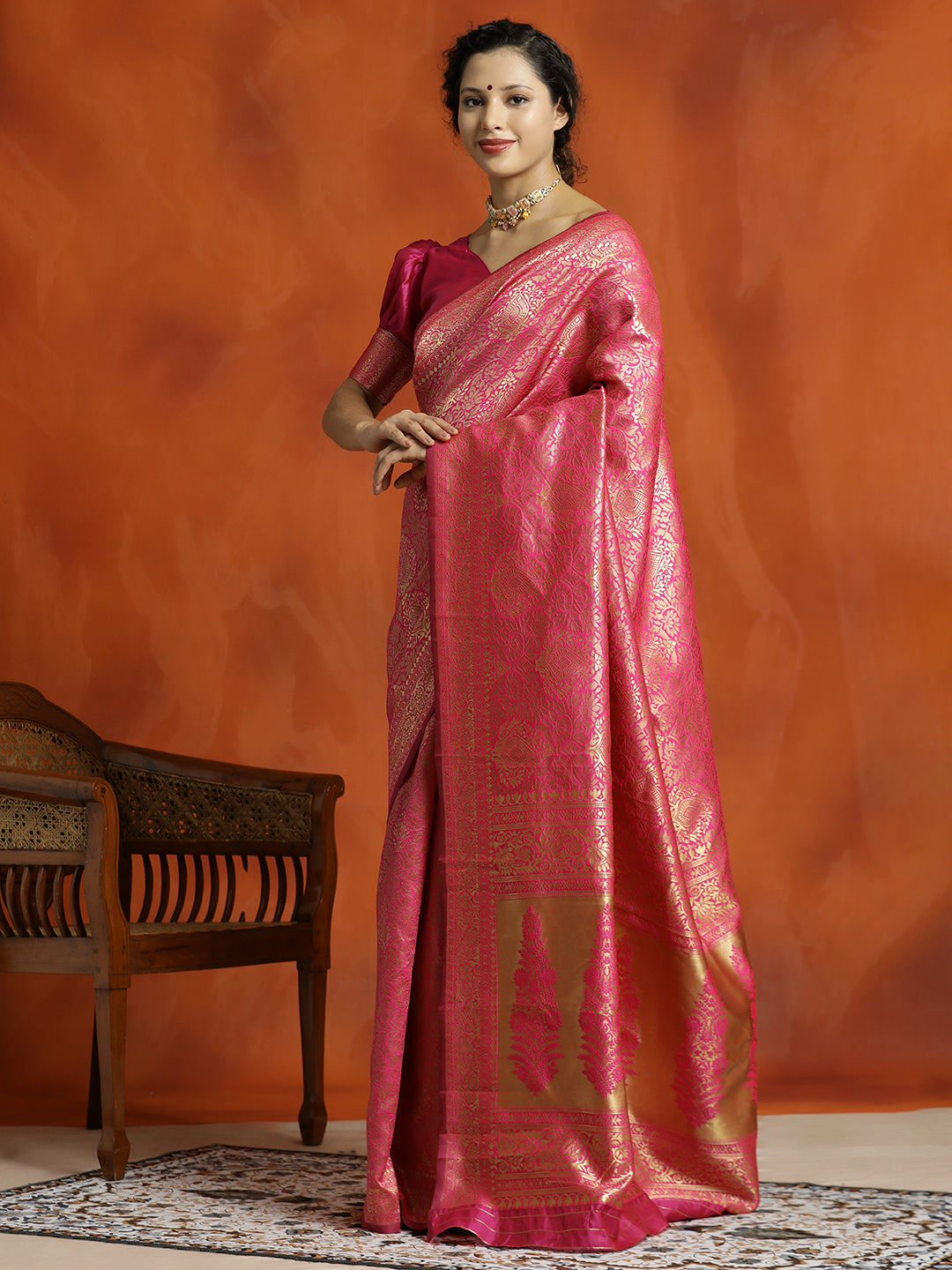 Pink Silk Banarasi Zari Woven Heavy Red Saree