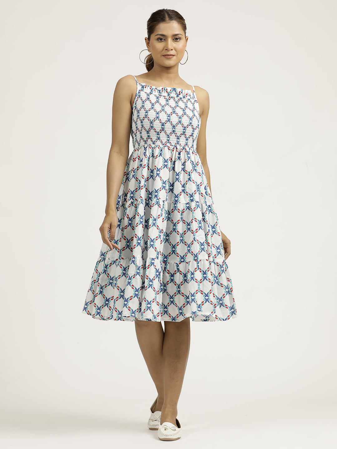 Blue Ikat Printed Tiered Cotton Strappy Dress