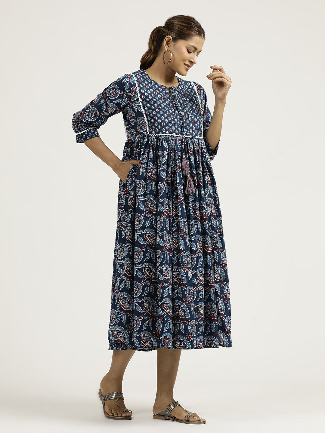 Indigo Blue Ethnic Mirror Work Gathered Dress