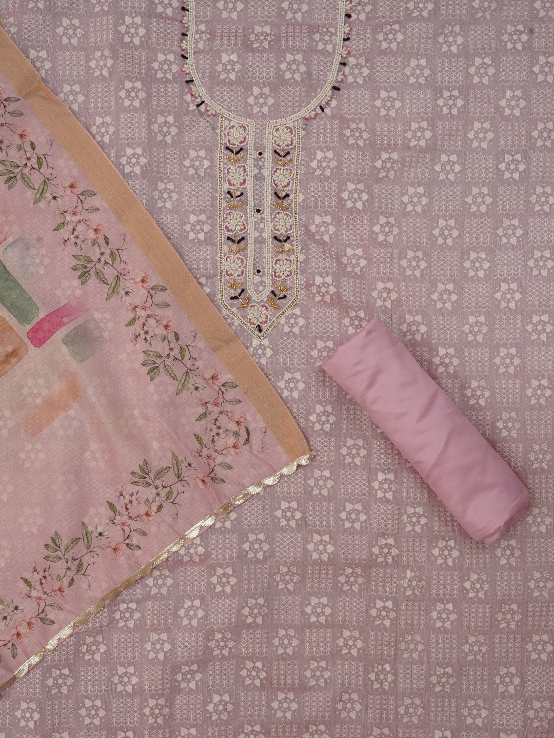 Pink Printed Embellished Cotton Dress Material with Dupatta