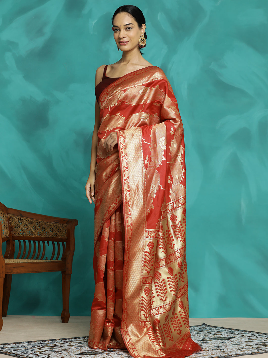 Party Wear Zari Red Banarasi Saree