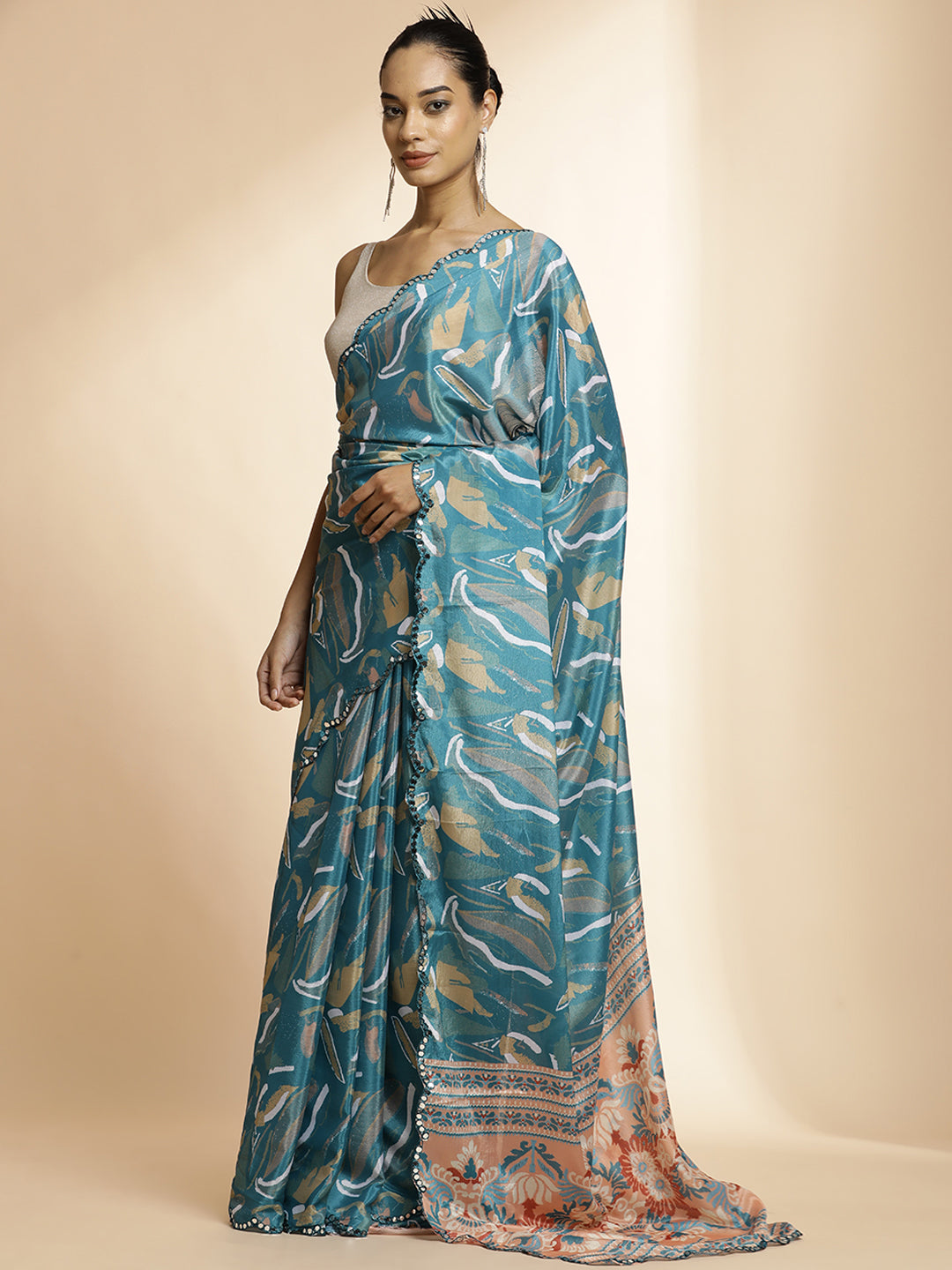 Tie-Dye Mirror Work Satin Saree