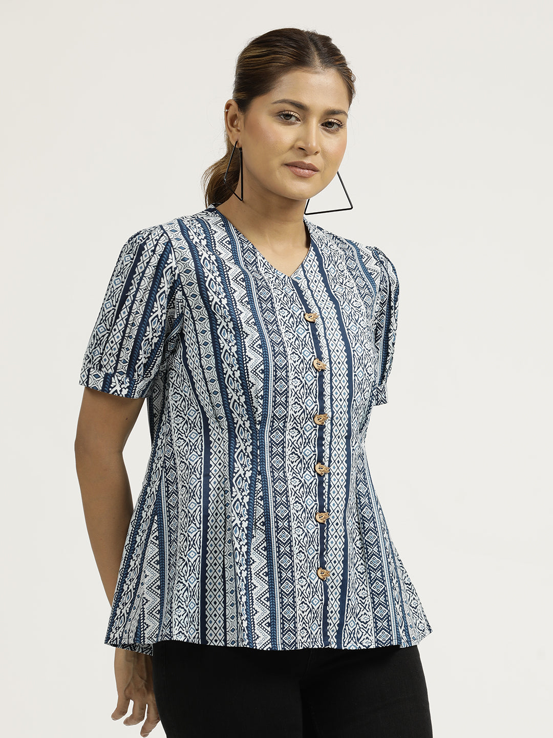 Indigo Printed Cotton Pleated Top