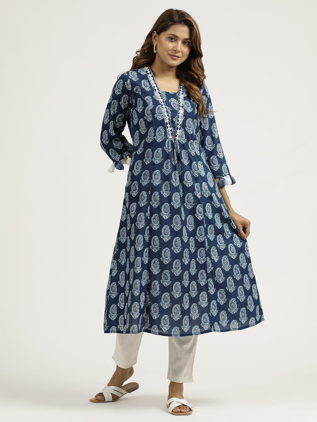 Indigo Blue Paisley Printed Pakistani Kurta