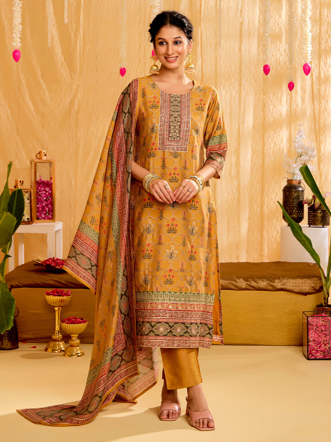 Mustard Embellished Ethnic Printed Festive  Kurta Set With Dupatta