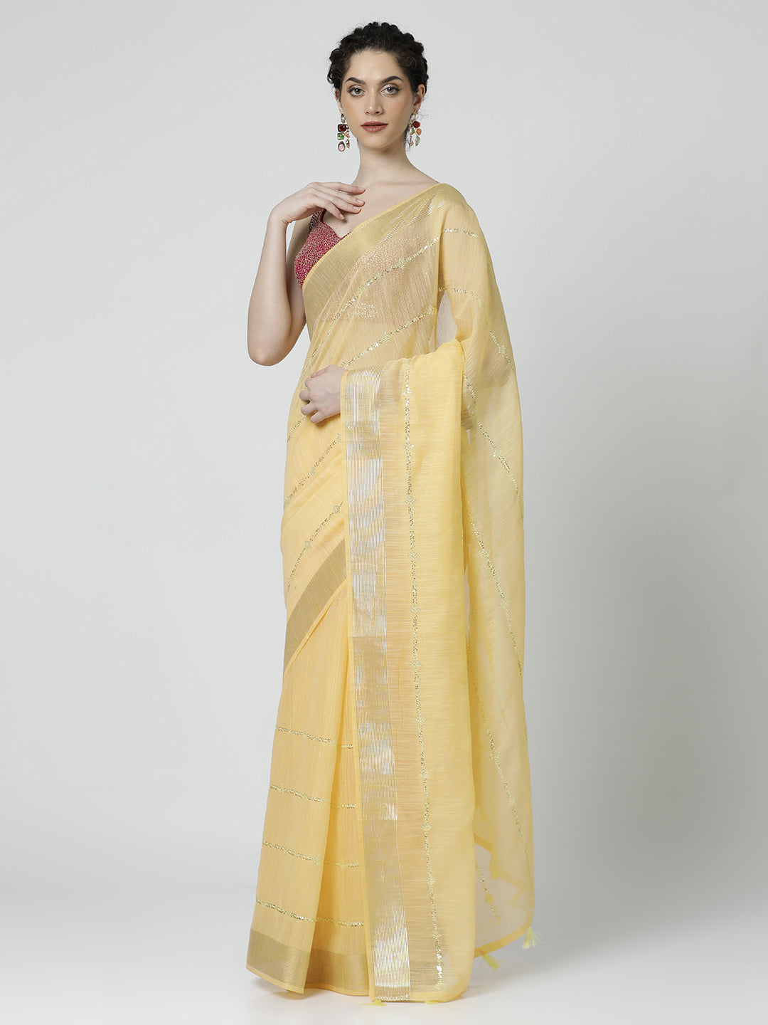 Cotton Blend Woven Design Embellished Saree