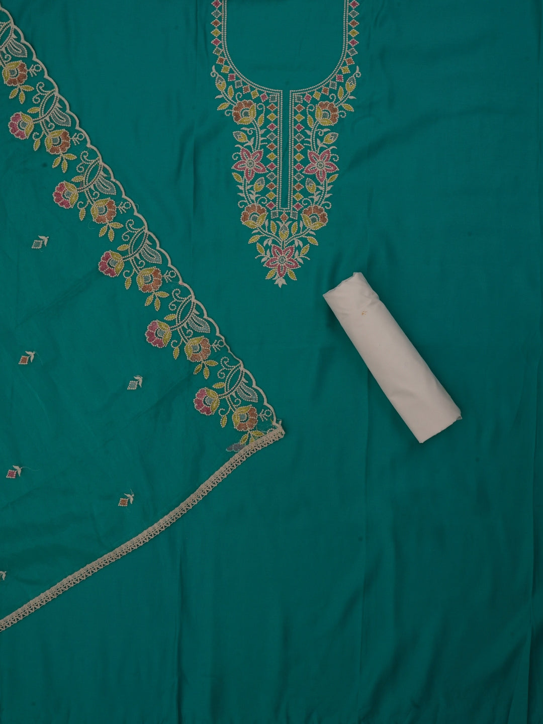 Teal Zari Pure Cotton Dress Material with Dupatta