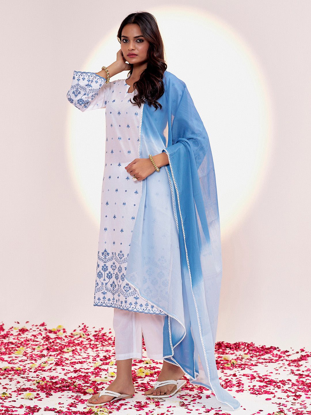 White & Blue Threadwork Embroidered Cotton Kurta Set With Dupatta