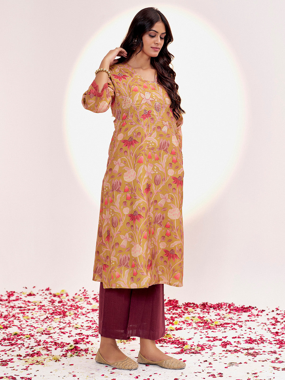 Mustard Botanical Printed A-line Kurta