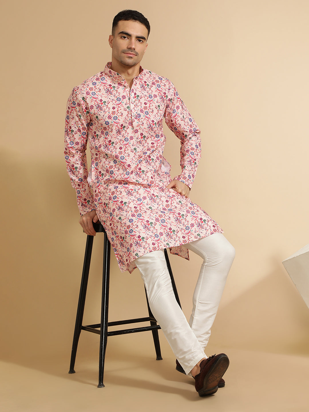 Beige Floral Printed Cotton Kurta for Men