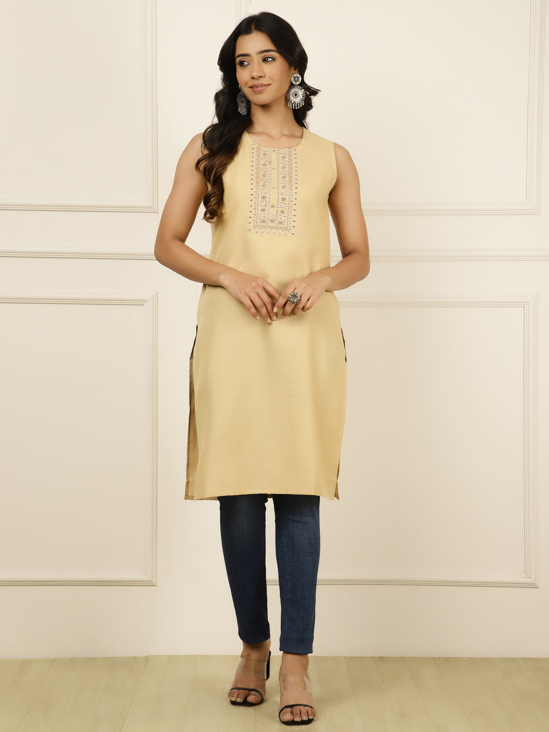 Beige Embroidered Sleeveless Kurta