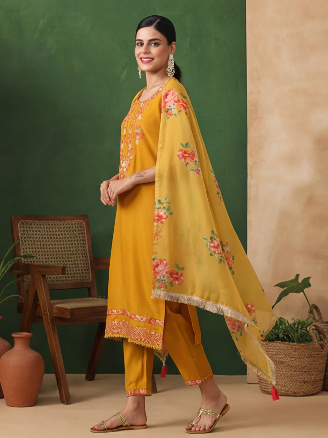 Floral Embroidered Straight Kurta & Trousers Sets