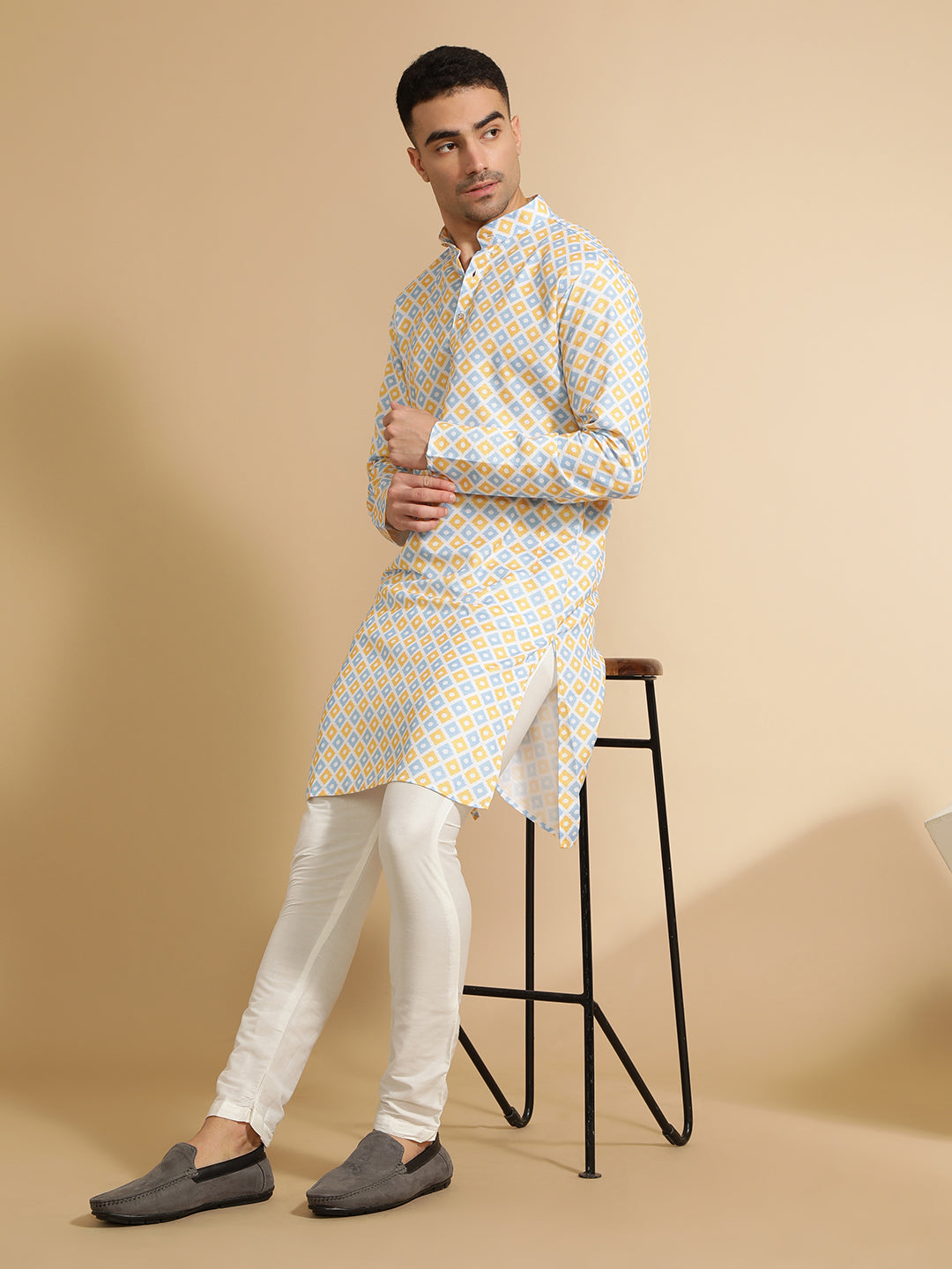 Multicolor Geometric Printed Cotton Kurta for Men