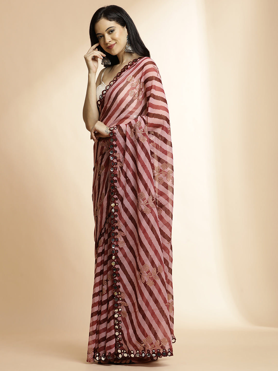 Maroon Pure Georgette Leheriya Mirror Work Saree