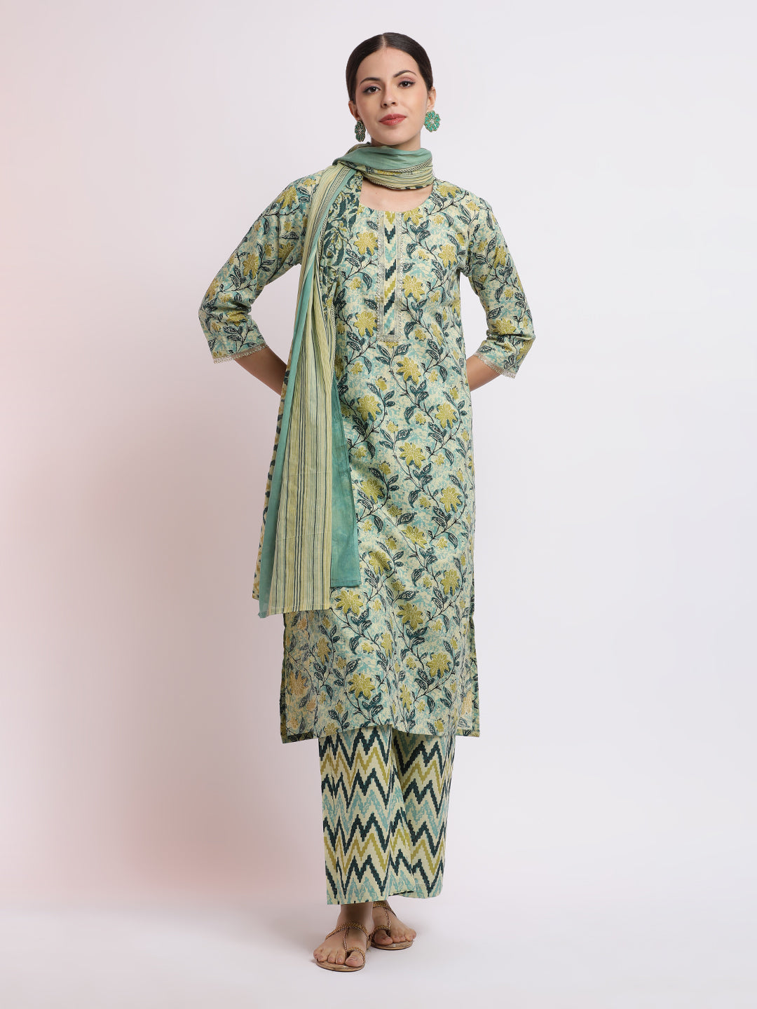 Floral Printed Cotton Kurta Set With Dupatta