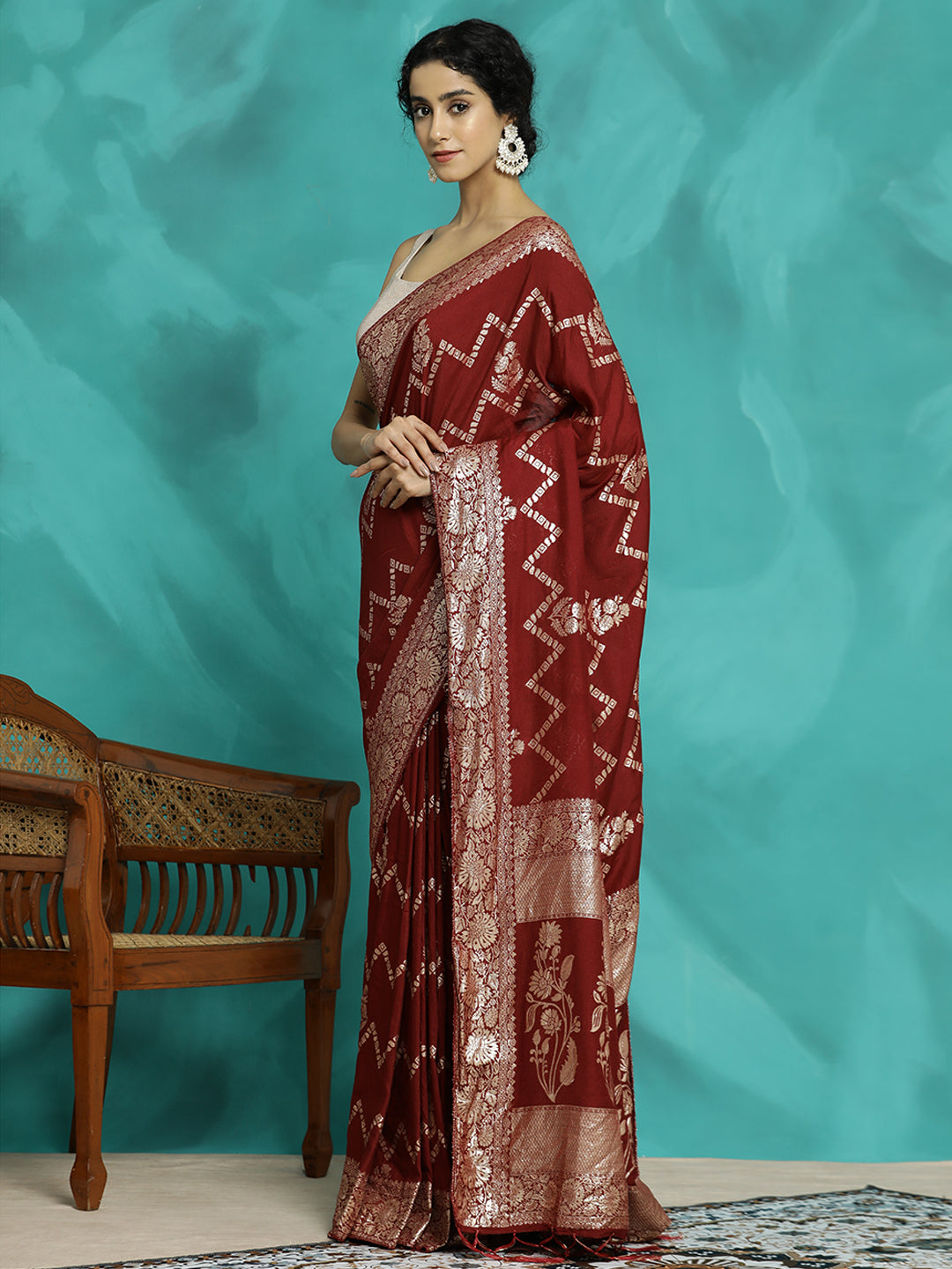 Maroon Heavy Banarasi Zari Woven Silk Blend Saree