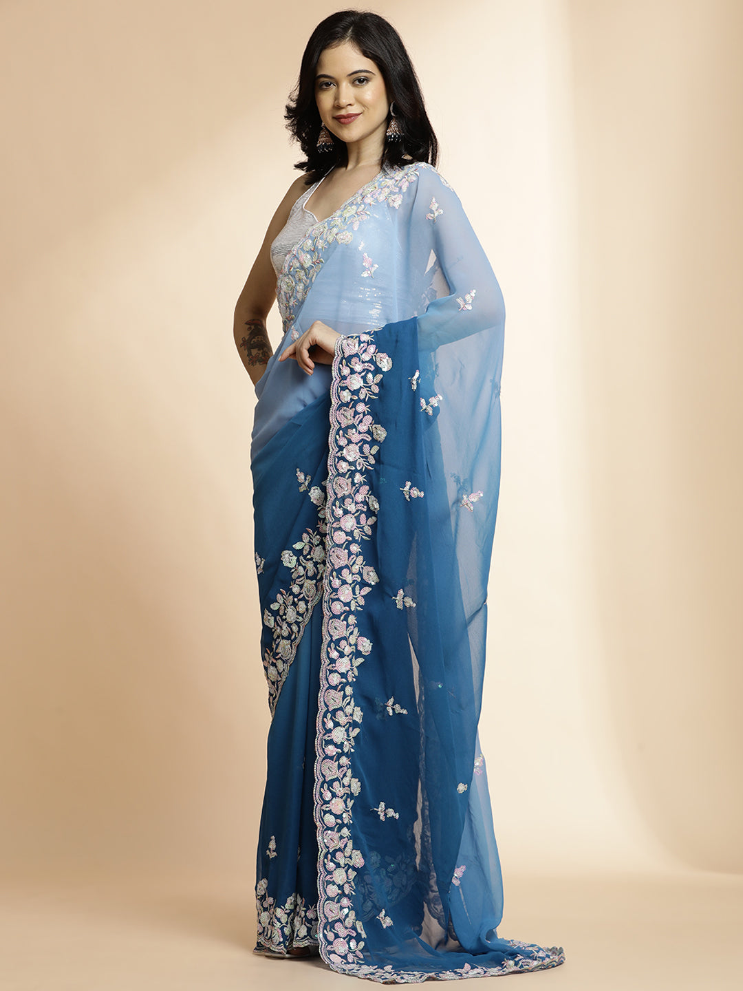 Blue Sequin Work Pure Georgette Saree