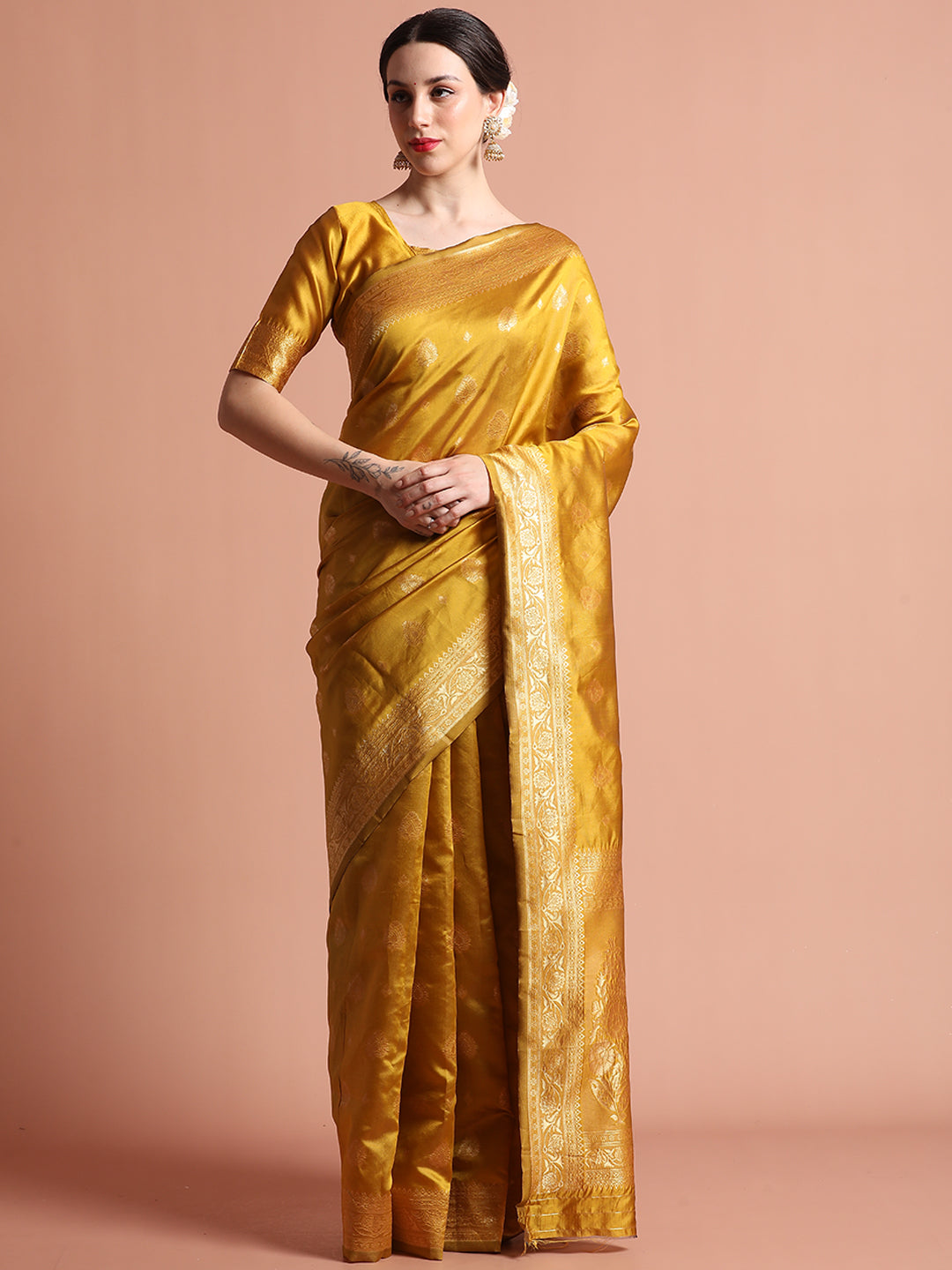 Mustard Heavy Banarasi Zari Woven Silk Blend Saree