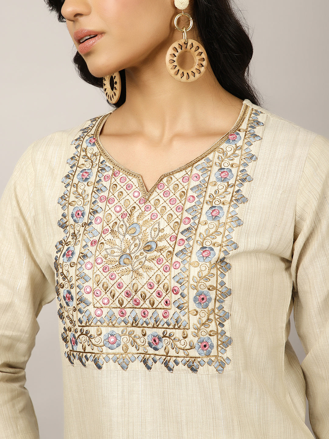 Beige Mirror Work Embroidered Festive Suit Set