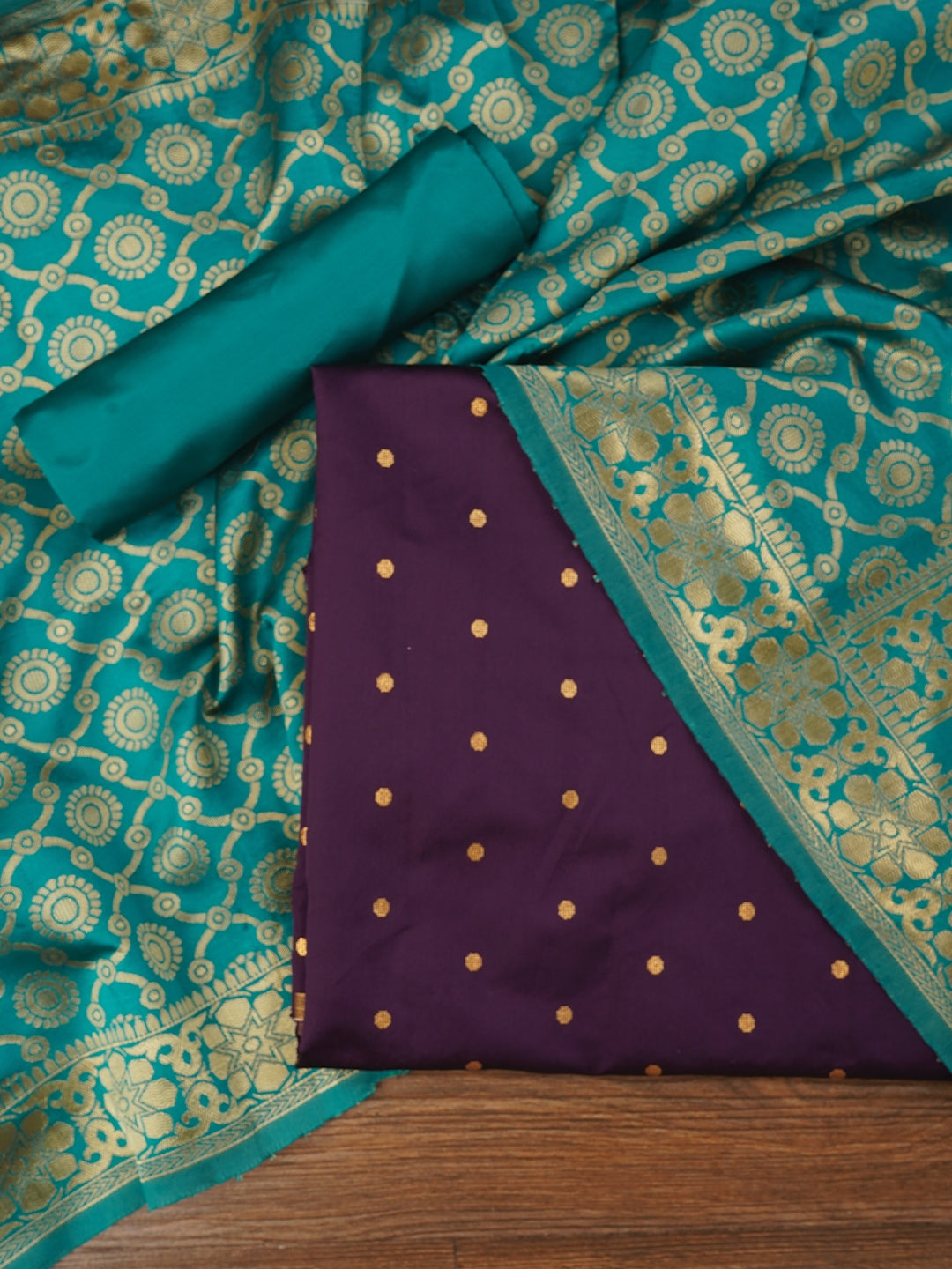 Purple Zari Woven Silk Blend Dress Material With Dupatta