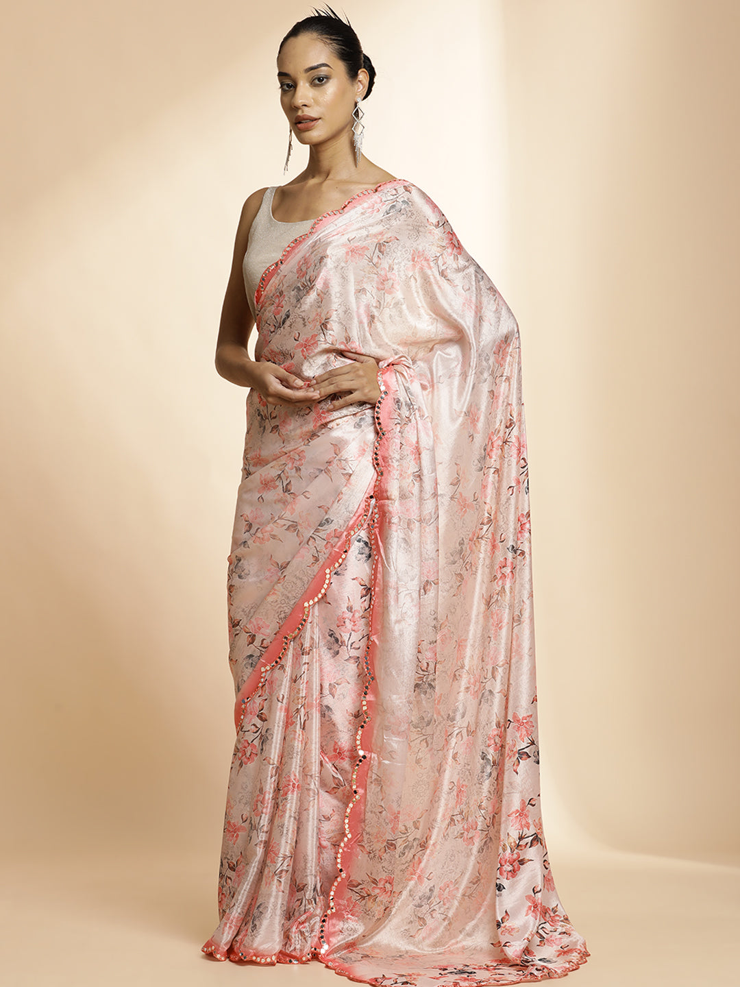 Mirror Work Satin Floral Printed Saree