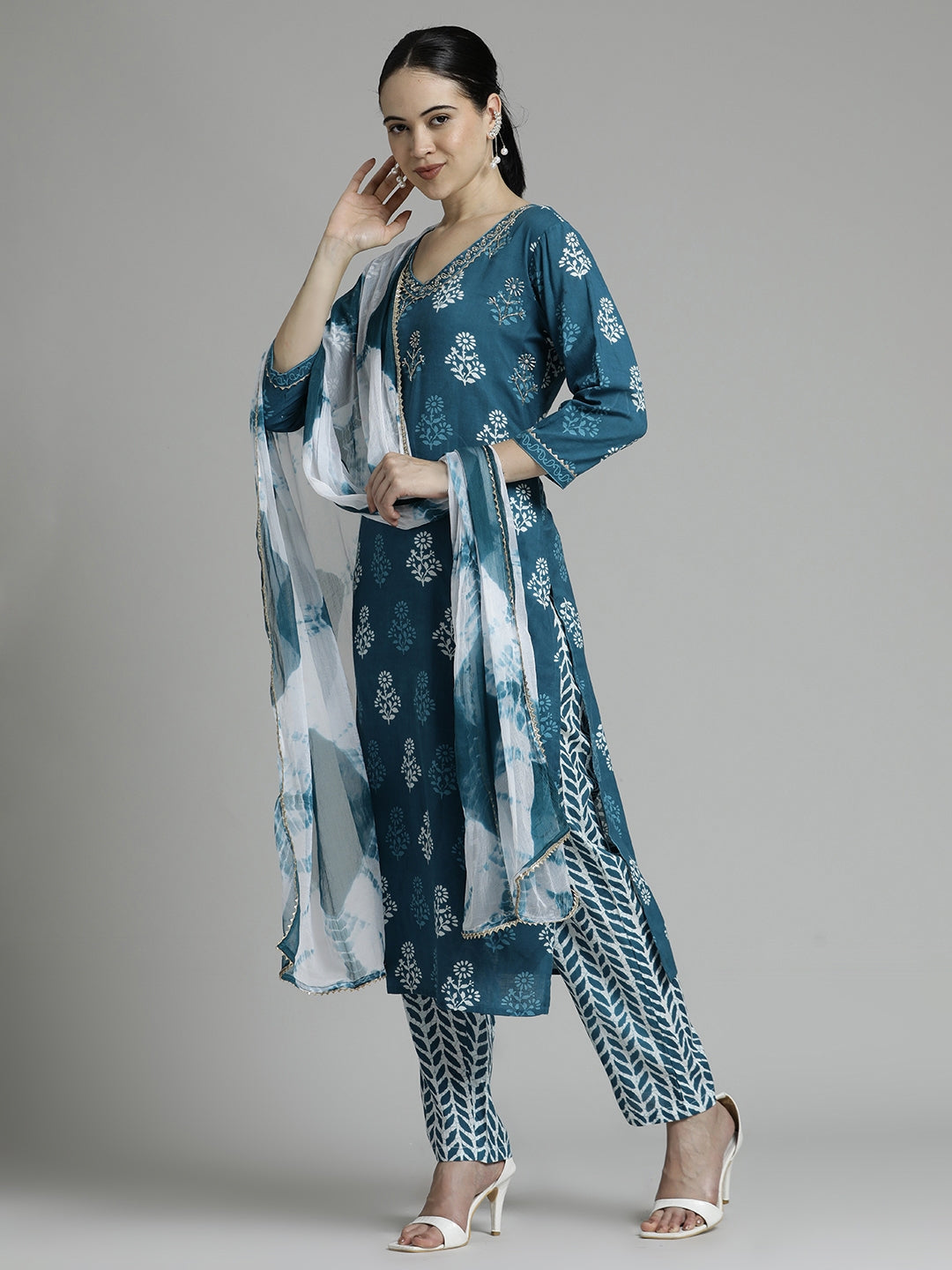 Ethnic Motif Cotton Blue Kurta Set With Dupatta