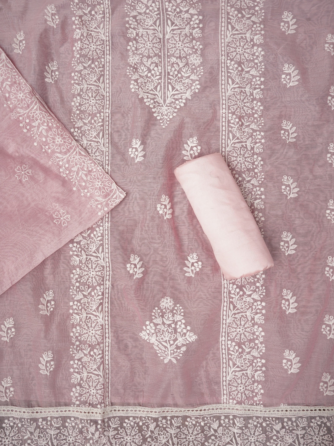 Zari Embroidered Organza Pink Dress Material with Dupatta